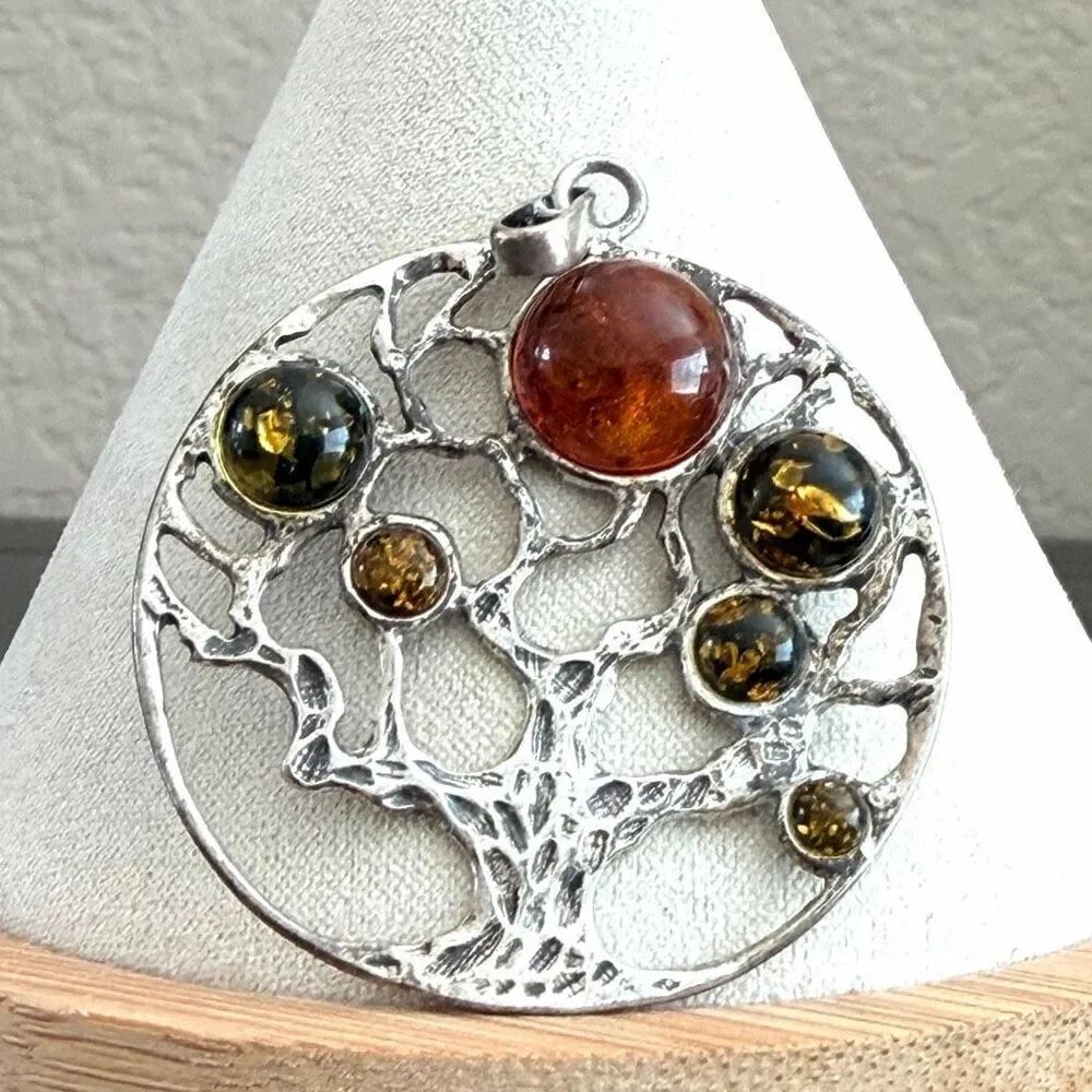 925 Sterling Silver Tree of Life Pendant with Multicolor Amber Cabochons
